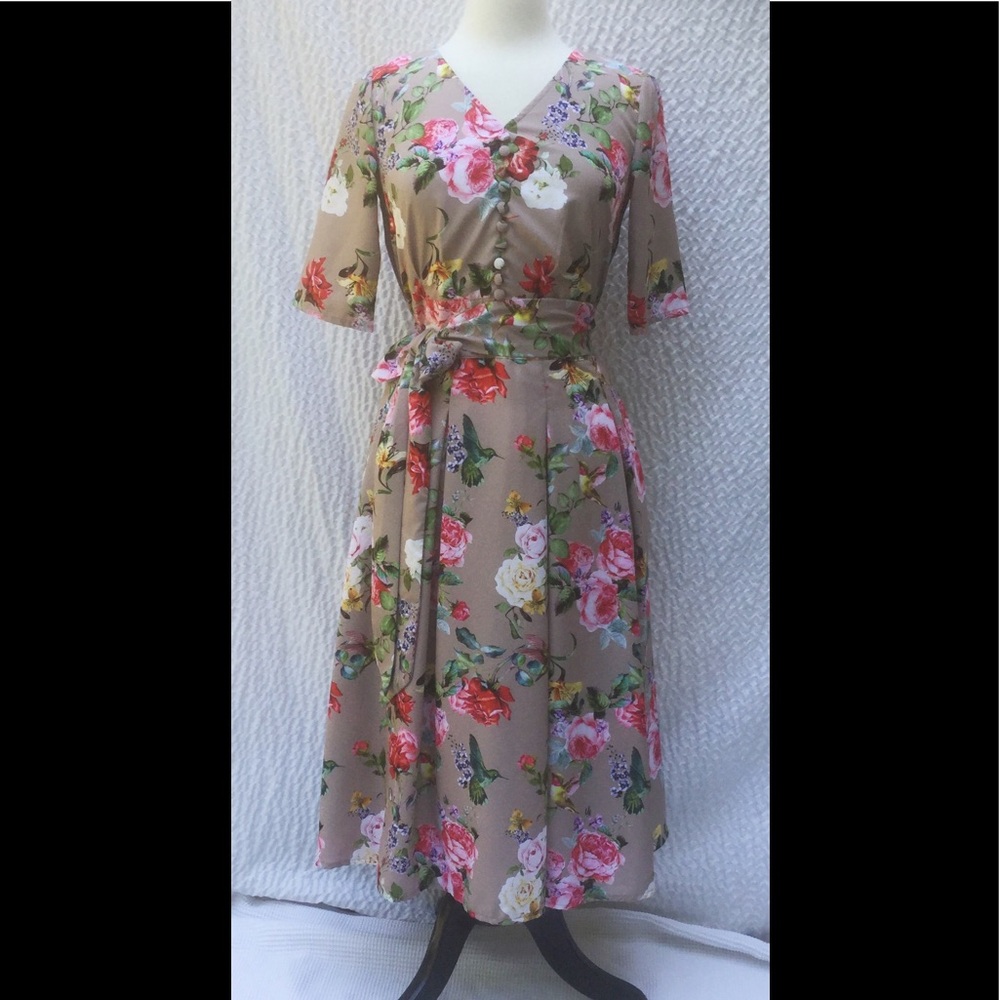 eShakti Floral Midi Dress - Pink and Cream